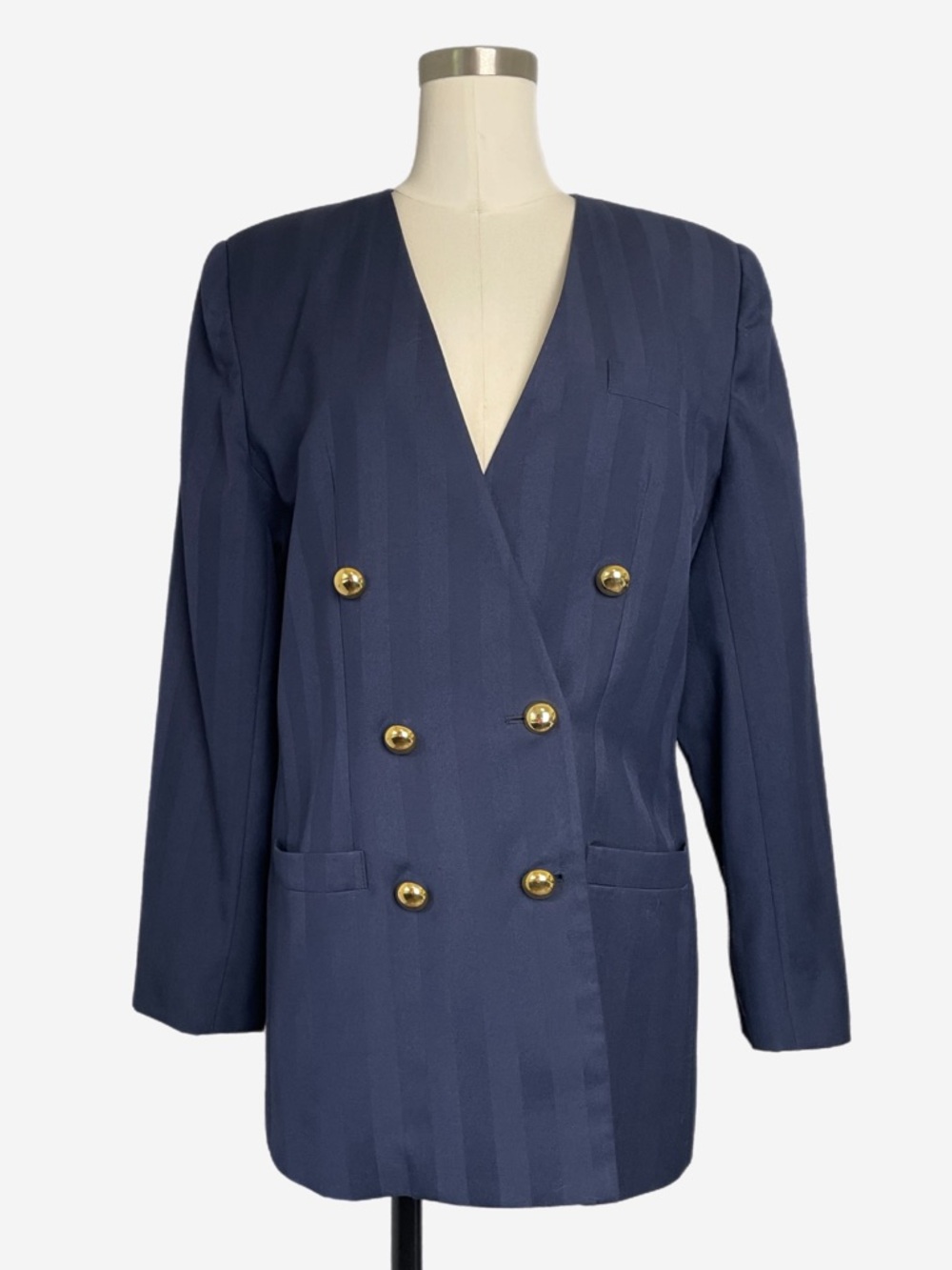 Vintage 90s Worthington Navy wide pinstripe double breasted blazer classic M/L